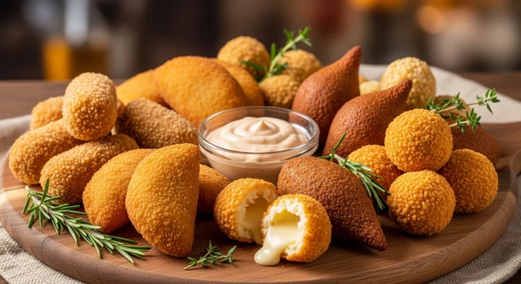 Variedade de salgados fritos como coxinhas, risoles e bolinhas de queijo com molho cremoso para acompanhar