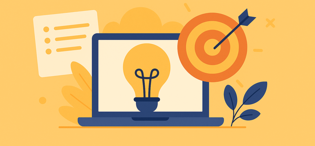 Ilustração com fundo amarelo mostrando um notebook com uma lâmpada na tela, um checklist à esquerda e um alvo com flecha à direita, simbolizando ideias criativas e estratégias de negócios.