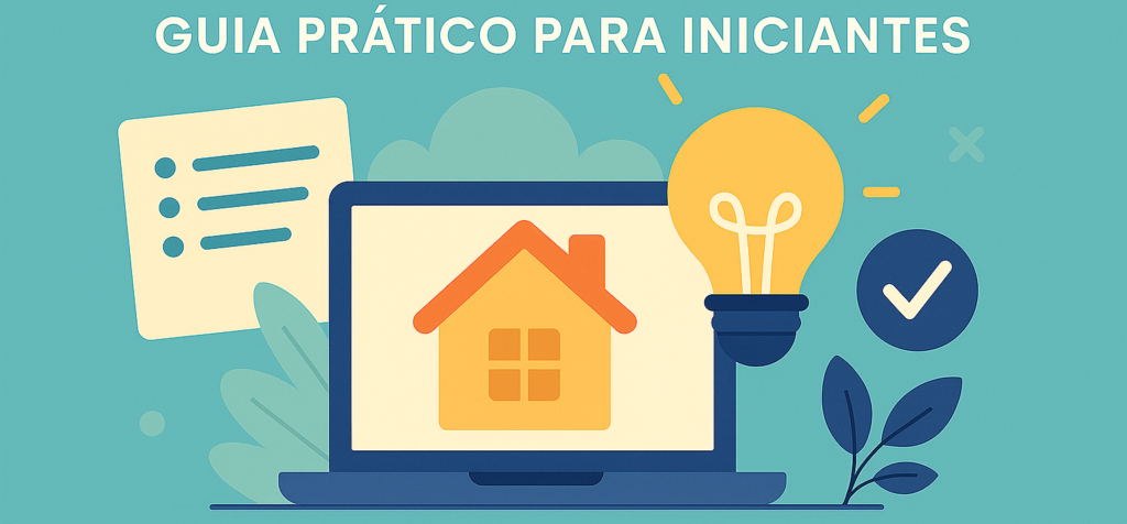 Ilustração em fundo azul com notebook exibindo ícone de casa, lâmpada acesa e checklist, representando um guia prático para começar um negócio em casa.