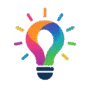 Ícone colorido em forma de lâmpada com elementos abstratos representando criatividade e inovação.